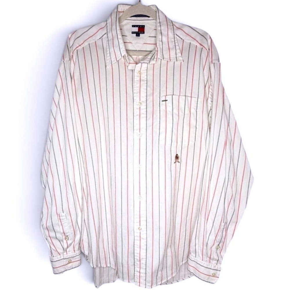 Tommy Hilfiger Button Down Long Sleeve Men XL White Striped Crest Vintage 90s - Picture 2 of 8